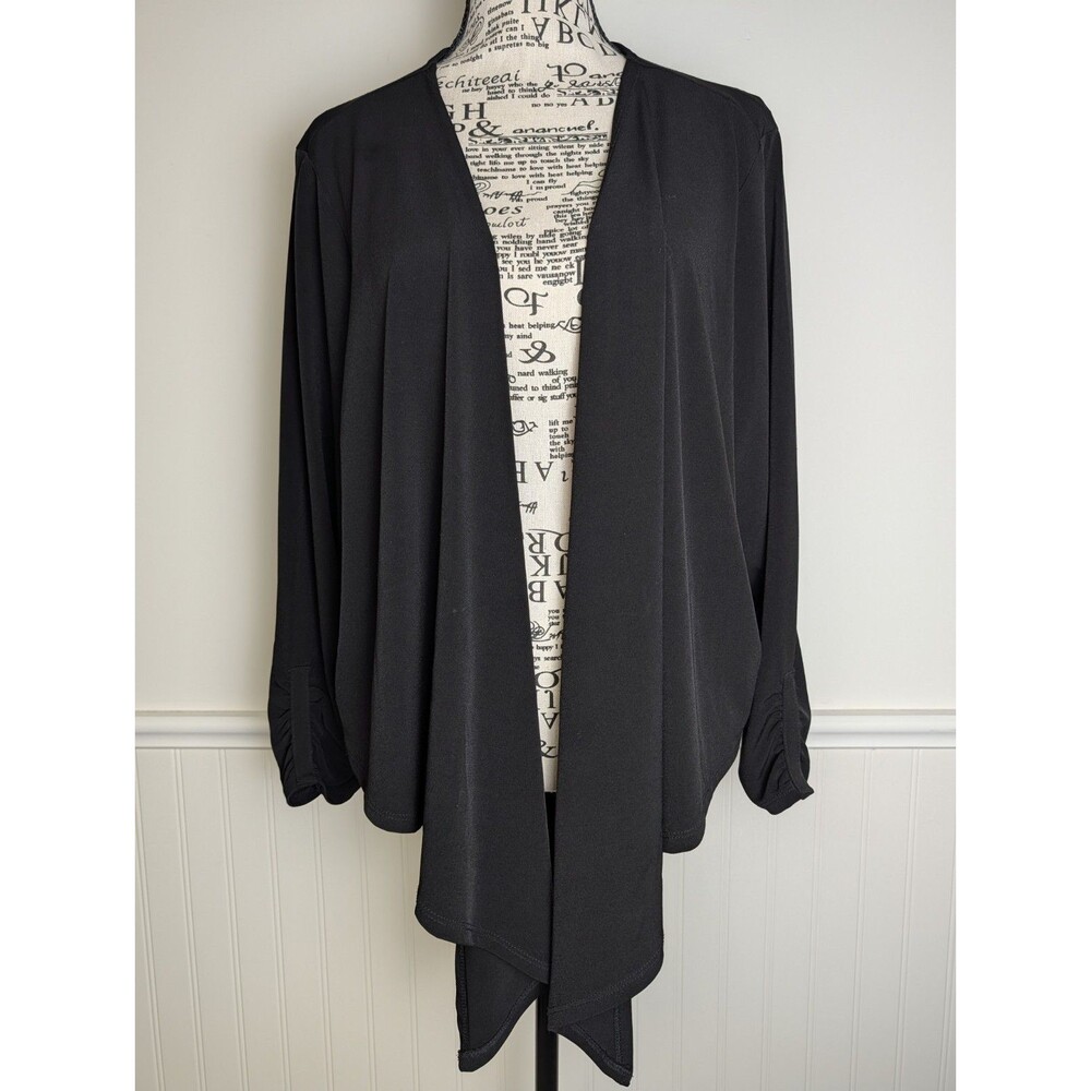 Susan Graver Womens Open Front Cardigan Size XL Black Ruched Sleeves